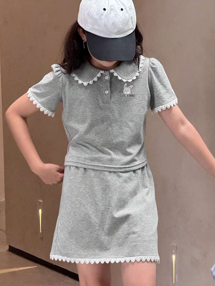 DAZY 2pcs/Set Tween Girls Polo Collar Puff Sleeve T-Shirt + Skirt Outfit For Autumn,Back To School Clothes - Grey - View 1