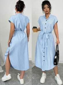 Elenzga 大码女式优雅豹纹衬衫领插肩袖腰带蝴蝶结木质纽扣休闲俱乐部连衣裙，时尚设计，春夏