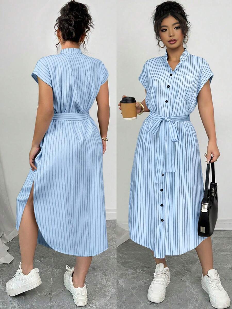 Elenzga 大码女式优雅豹纹衬衫领插肩袖腰带蝴蝶结木质纽扣休闲俱乐部连衣裙，时尚设计，春夏