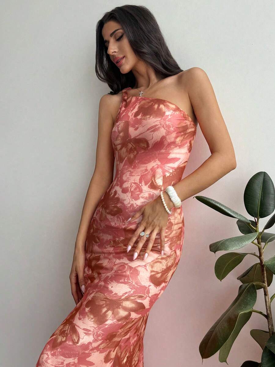 Firerie 女士优雅花卉印花单肩鱼尾下摆扭褶长裙，适合度假、约会、音乐节 - 彩色 - 查看 1