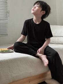 DAZY Kinder Herbst Outfit: Kleinkind/Tween Jungen Einfarbiges Crew Neck Gestricktes Kurzarm T-Shirt + Lange Hose Pyjama Set