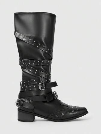 Women's Gothic Punk Rock Side Zip Belted High Top Motorcycle Boots With Studs, Pointed Toe Western Knee High Lace Up Party Boots, Halloween