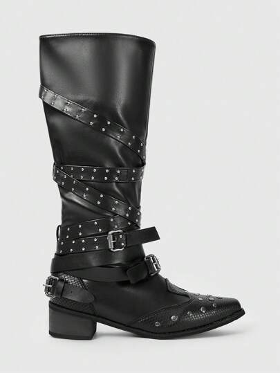 Women's Gothic Punk Rock Side Zip Belted High Top Motorcycle Boots With Studs, Pointed Toe Western Knee High Lace Up Party Boots, Halloween