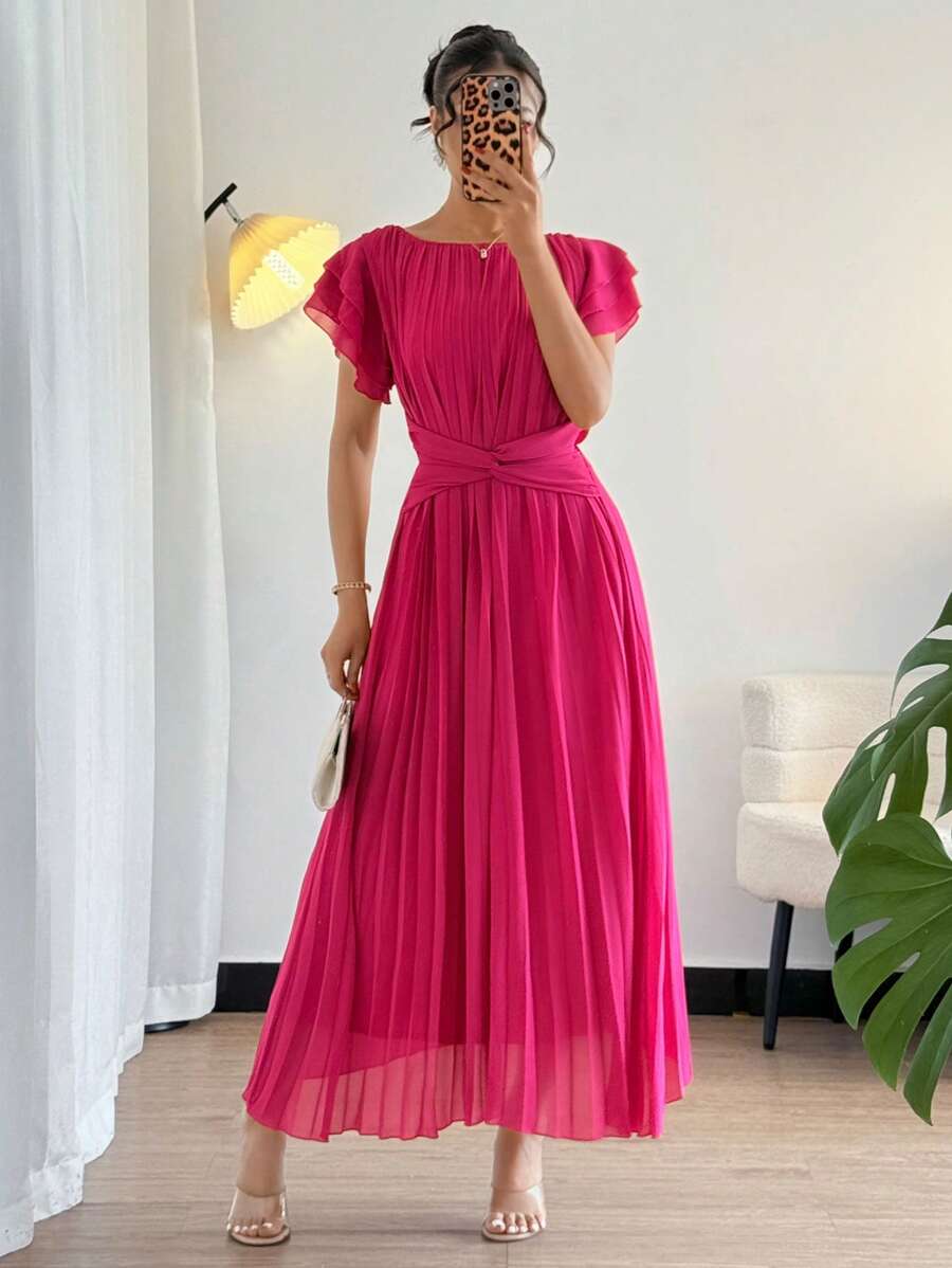 Rafferiza 法式休闲华丽浪漫腰带款式女士优雅连衣裙纯色女士连衣裙女士优雅连衣裙女派对连衣裙 - 酒紅色 - 查看 1