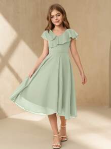 SHEIN 少女优雅简约 V 领荷叶边无袖高腰中长纯色雪纺蓝色派对礼服，适合夏季女孩毕业典礼和婚礼 - 綠色 - 查看 6