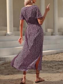 EMERY ROSE Vacation Casual Ditsy Floral Side Slit Dress - Maroon - View 2