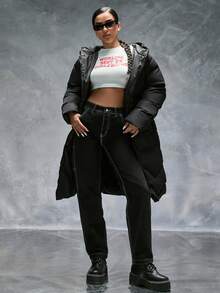 CasuGlow Áo khoác dài mùa đông có mũ trùm đầu màu trơn có túi và khóa kéo cho nữ - màu đen - Xem 4