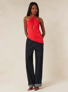 NYA SZN Jeans de tiro alto de lavado oscuro con dobladillo, casual básico de uso diario para mujer