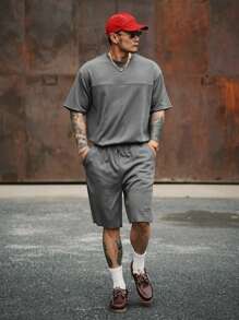 DAZY Summer Men's Gray Textured Fabric Split Design T-Shirt Set - Grey - View 5