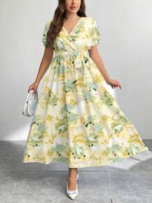 Firerie 大码休闲复古花朵图案宽松连衣裙，适合秋冬季 - 黃色 - 查看 5