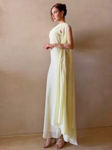 Aloruh 女士优雅纯色不对称领连衣裙 - 淡黃色 - 查看 5