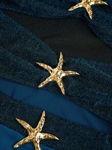 Flirla 2025 加大码女式纯色优雅浪漫海星装饰镂空前部闪亮面料修身紧身衣，非常适合节日装扮 - 藍色 - 查看 4