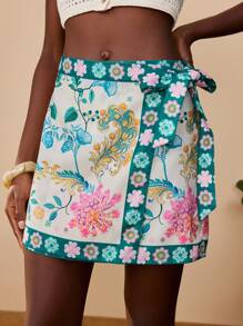 Travachic 女士度假休闲花卉印花裹腰裙，度假风格，波西米亚海滩度假，波西米亚风别致节日海滩夏季裙，毕业典礼，生日，海滩必备，机场，俱乐部，乡村 - 彩色 - 查看 3