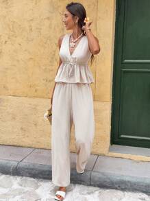 Serisse 2 件套女士优雅深 V 领无袖修身上衣和长裤套装 - 杏色 - 查看 1