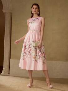 MOTF PREMIUM 花卉印花喇叭下摆连衣裙 - 粉色 - 查看 5