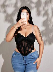 Viva Relle Sexy Plus Size Underwire Fishbone Lace Mesh Patchwork Bow Camisole For Daily WearValentine's Day - Black - View 3