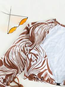 Swim SXY Bãi biển mùa hè Bộ bikini in cẩm thạch dài tay Chi tiết cúp trên & cà vạt bên dưới bơi 2 mảnh Bộ đồ tắm bikini - Cà phê nâu - Xem 11