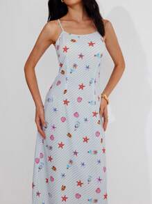 Roylia Women's Maxi Dress With Striped, Seashell, Starfish, Drifting Bottle Prints, Multicolor, Fitted, Square Neck, Spaghetti Straps, Backless, Waist Cinched, Extra-Wide Hem, Suitable For Vacation, Festival, Sexy, Elegant, Romantic, Minimalist, Casual, Commuter, Bohemian Holiday Style, Spring/Summer - Blue - View 5