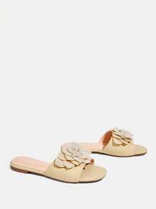 CUCCOO TILAWA Apricot Color Crystal Embellished Flat Sandals, Suitable For Commuting, Dating, Party, Shopping, Vacation And Other Occasions - Apricot - View 4