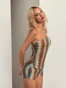 SHEIN ICON 性感休闲度假复古条纹抹胸和褶饰迷你短裤套装 - 彩色 - 查看 4