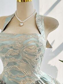 Chiquease Vestido elegante sin mangas de jacquard con nudo en la espalda para el verano - Verde - Ver 6