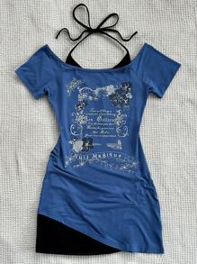 SHEIN Y2K 标语印花撞色二合一迷你连衣裙