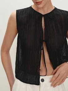 BizChic 2025 Summer New Music Festival Party Gathering Summer Top, Holiday Suitable For Wedding Guests, Brunch, Urban Fashion Commuter Daily Versatile Spring/Summer New Elegant Chic Daily Commute Work Date Vacation Breezy Graduation Season Black Pleated Tie-Bow Top - Black - View 10