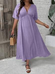 SHEIN VCAY Robe décontractée à manches courtes en chauve-souris à encolure en V unie pour femmes de grande taille - Parme - Voir 3