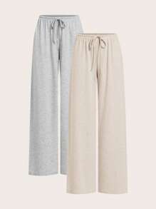 SHEIN EZwear 女式多色针织抽绳阔腿休闲裤 - 灰色 - 查看 1