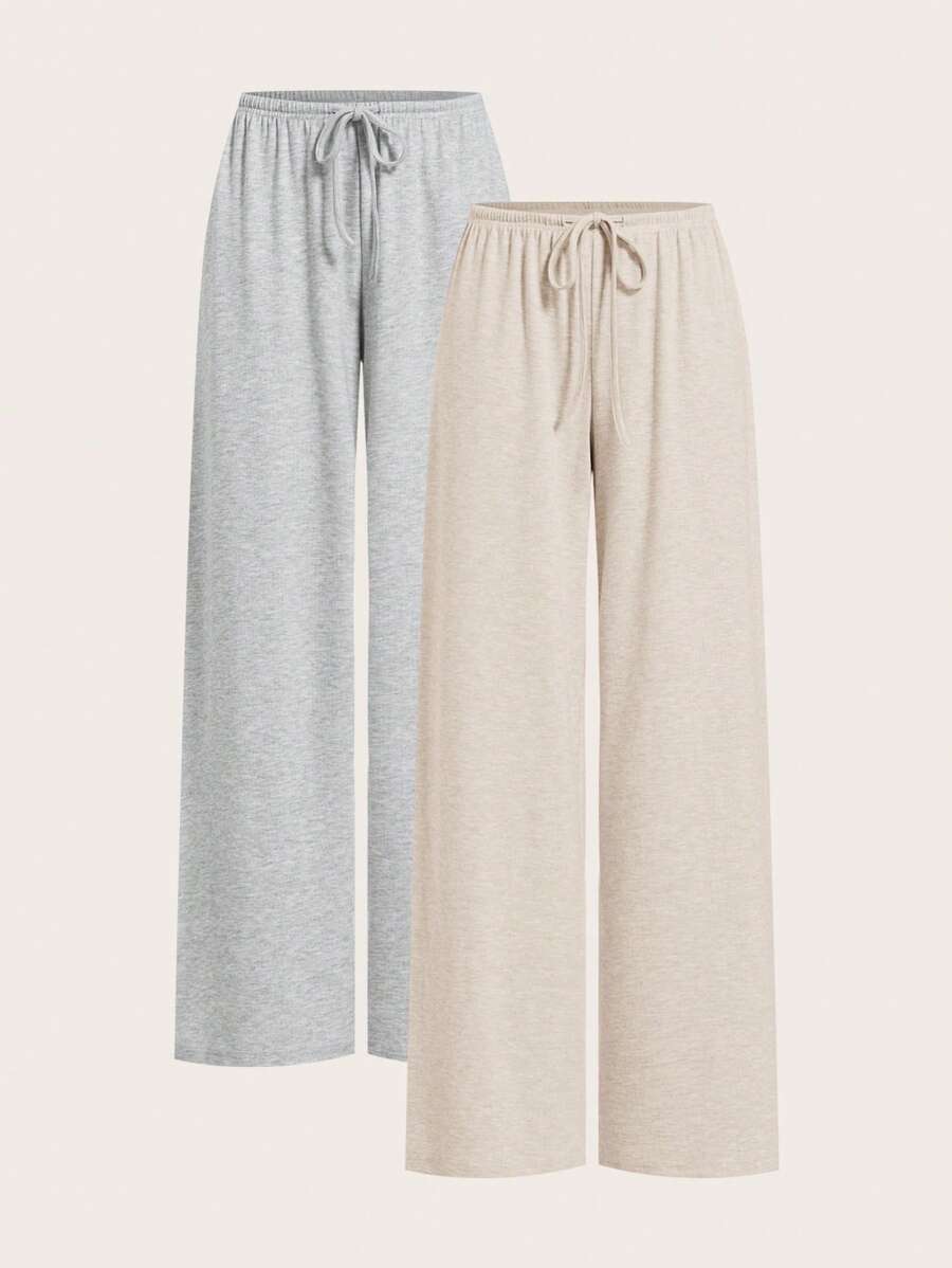 SHEIN EZwear 女式多色针织抽绳阔腿休闲裤 - 灰色 - 查看 1