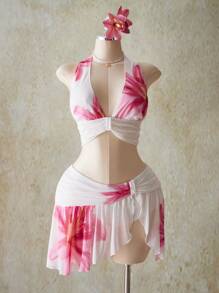 SHEIN ICON 加大码女式 Y2k 外出度假花卉印花露背短款上衣和低腰花卉印花迷你裙套装，夏威夷伊比沙岛风情装