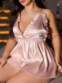 SilkySpell 1 peça Vestido Anágua Sexy Feminino Plus Size com Decote V Profundo e Babados, Macacão Elegante de Charmeuse Solto com Cinto na Cintura, Adequado para Uso Doméstico