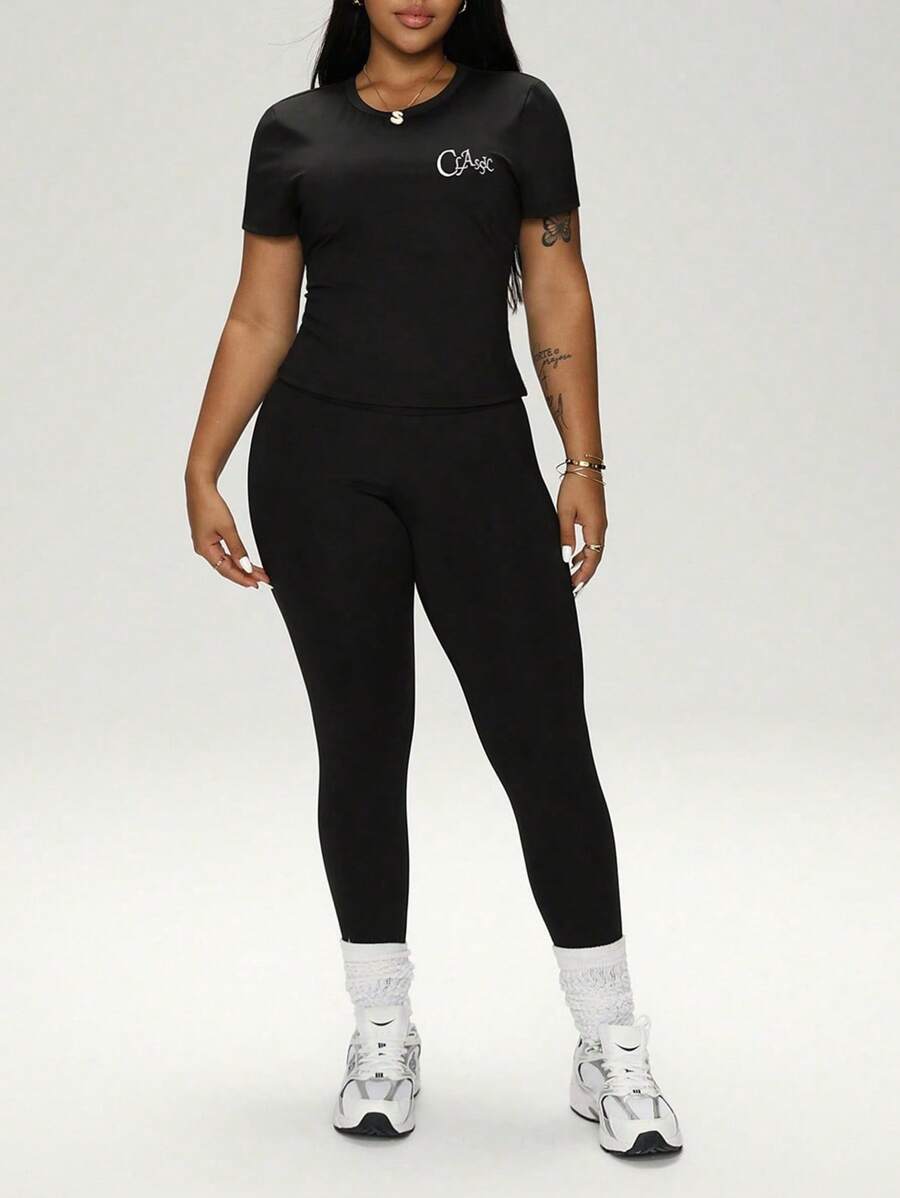 Rhythm Era 2pcs Women Casual Fitted Short Sleeve Top And Skinny Leggings Set, For Spring/Summer, Plus Size Sports Outfit