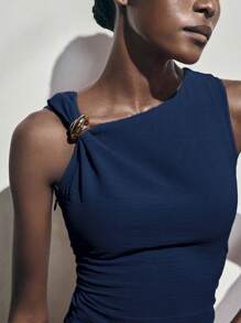 Lumivelle Summer Metal Ring Decor Waist Ruched Sleeveless Dress - Navy Blue - View 8