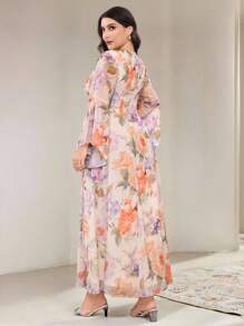 Veilorie Plus Size Elegant Floral Print Flare Sleeve Dress - Apricot - View 2