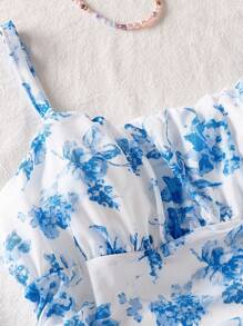 Mädchen Ditsy Ditsy Blumen Trägerkleid mit schlanker Passform für den Sommer am Strand - Blau - Übersicht 7