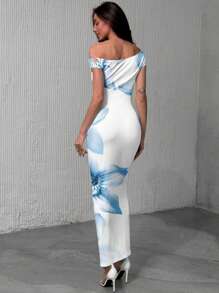 Modelyn Women Asymmetric Ruched Bodycon Dress,White And Blue Floral,Summer,Elegant,Vacation,Holiday,Hawaii Outfits,Beach Vacation Outfits,Party Dresses - Blue and White - View 2