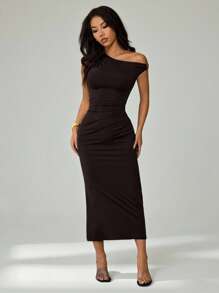 SHEIN PETITE Váy lệch vai thanh lịch dành cho nữ, thích hợp cho các buổi tiệc tùng và mặc đi làm hàng ngày - Cà phê nâu - Xem 5