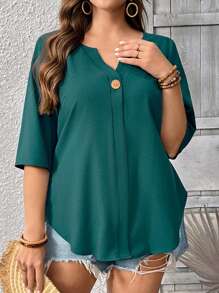 EMERY ROSE Blusa holgada de unicolor y cuello con muescas para uso diario en tallas grandes para mujeres
