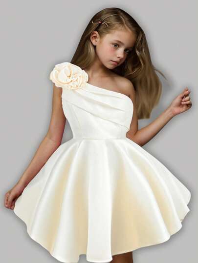 Girlism Tween Girl Elegant Luxurious Shoulder 3D Floral One Shoulder Ruffle Ball Gown Short Prom Dress
