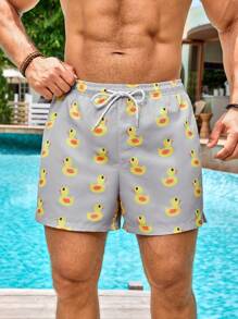 Manfinity Swimmode 男士鸭子印花抽绳腰部泳裤牛奶丝衬里沙滩短裤