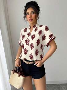 Áo cánh rộng tay ngắn cổ chữ V in họa tiết thanh lịch cho nữ mặc thường ngày/đi làm/ngày lễ (In ngẫu nhiên) - Màu Đỏ Sâu - Xem 3