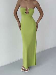 Aloruh Sexy Vixen Snake Metal Buckle Fitted Hollow-Out Maxi Olive Green Bodycon Dress For Women