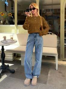 EURMUSE Woman Loose Fit Comfy Warm Rhinestones Detailed Sweater - Camel - View 4