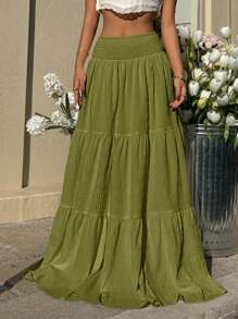 MainGRL Women's Solid Color Ruffle Hem Casual Vacation Skirt - Army Green - View 3