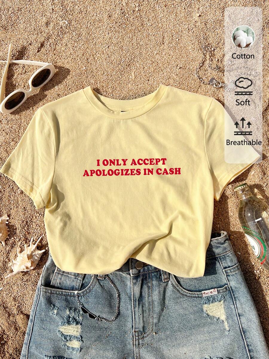 SHEIN EZwear Áo thun nữ cổ tròn tay ngắn in khẩu hiệu tiếng Anh tối giản giản dị, chất liệu cotton pha trộn, dành cho mùa hè - gừng - Xem 1