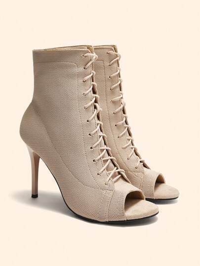 CUCCOO BASICS 杏色露趾系带性感细高跟踝靴