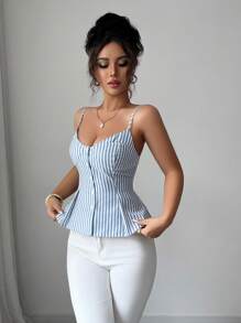 Elenzga 春夏度假风波西米亚棉质条纹纽扣褶裥弹力吊带背心（女款） - 藍白色 - 查看 5