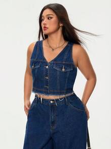 SHEIN EZwear 大码女式夏季酷炫辣妹牛仔夹克 - 深色水洗藍 - 查看 6