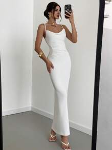 Firerie 夏季女式新款简约优雅度假派对连衣裙，时尚百搭户外旅行细肩带褶皱腰设计长裙，浅白色 - 白色 - 查看 7